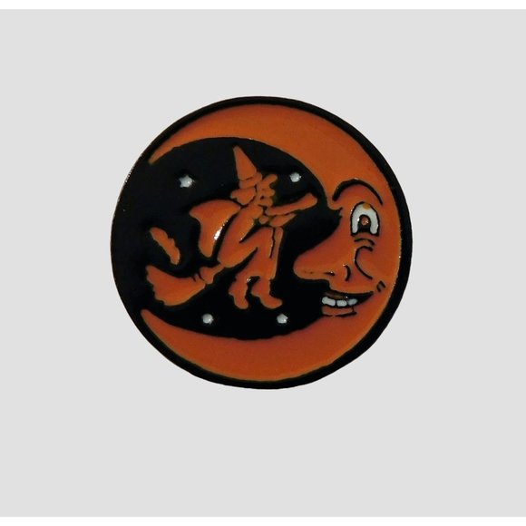 Halloween Pin Witch on Broom Moon Tie Tac Lapel Hat Metal 1 in Round - Picture 1 of 3
